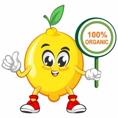 cute lemon fruit mascot character illustration logo icon vector with a sign that says 100% organic