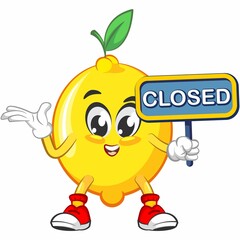 cute lemon fruit mascot character illustration logo icon vector with a sign that says closed