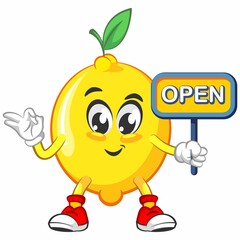 cute lemon fruit mascot character illustration logo icon vector with a sign that says open
