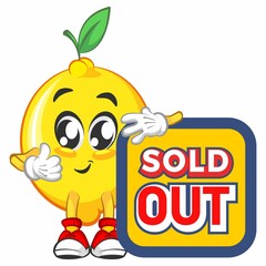 cute lemon fruit mascot character illustration logo icon vector with a sign that says sold out