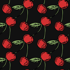 Seamless cherry pattern. Doodle vector with red cherry icons. Vintage cherry pattern