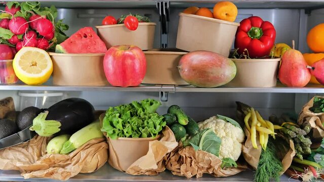 Opened refrigerator full of vegetarian healthy fresh fruit, vegetables, rich in antioxidant, vibrant food inside on fridge. Healthy nutrition. Detox. Diet. Zero waste grocery shopping concept
