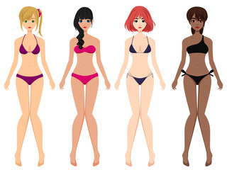 Variety of swimsuits and bikinis with cute girls illustration