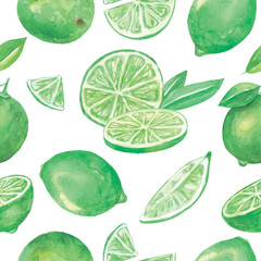 Lime watercolor pattern. Citrus fruits. Vector illustration