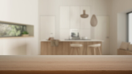 Empty wooden table, desk or shelf with blurred view of modern kitchen, cabinets and island, pendant lamps, modern interior design concept