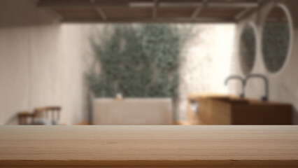 Empty wooden table, desk or shelf with blurred view of exterior bathroom, bathtub, washbasin and ivy on the wall, modern interior design concept