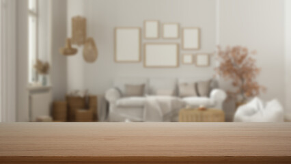 Empty wooden table, desk or shelf with blurred view of scandinavian living room, white sofa, frame mockup and decors, modern interior design concept