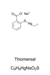 Thiomersal, or thimerosal, chemical formula and structure. Very toxic organic mercury compound. Used as antiseptic and antifungal agent, and as preservative in some vaccines to prevent contamination.