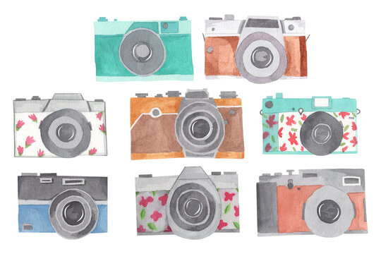Watercolor Photo camera - retro vintage camera photography logo design, flowers and leaves, hand drawn, separated and isolated