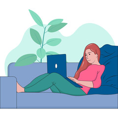 Online education courses. A woman sits on the sofa with a laptop. The woman studies remotely