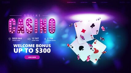 Online casino, welcome bonus, banner for website with button playing cards with poker chips flying out of the portal