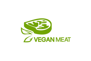 Vegetarian meat logo design. Vegan steak with leaves vector design. Plant based meat logotype