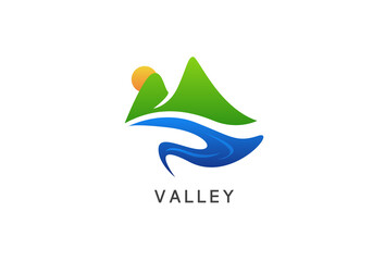 Valley logo concept vector. Mountain valley logo template - obrazy, fototapety, plakaty
