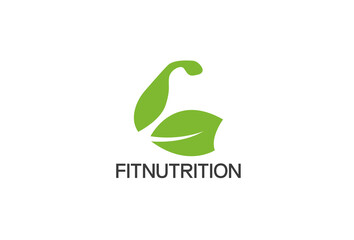 Biceps and Leaf Logo Template. Sports Nutrition Vector Design. Muscles Illustration