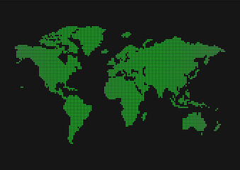 黒い背景に緑色の世界地図 - シンプルな四角いドットのワールドマップ
