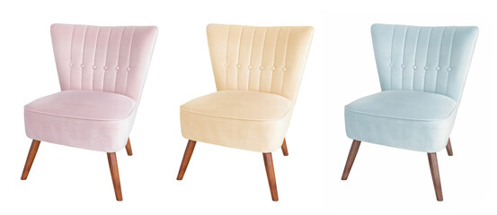 A set of three upholstered chairs in pink, yellow, and mint colors on a white background. - 508820455