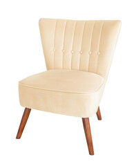 Upholstered chair in yellow color with wooden legs on a white background. - 508820476