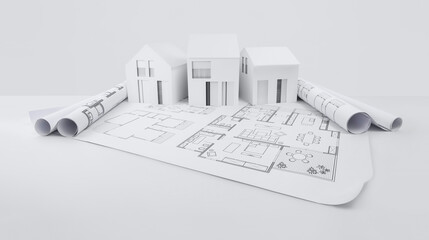 architectural model of houses on blueprint draw, isolated on white background, banner layout with copy space for building construction plan or real estate sale, Image usable for concept of bank loan