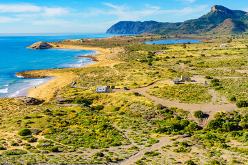 Fototapeta na wymiar Spanish coast with caravan camping in the distance