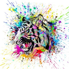 Sierkussen tiger head with creative colorful abstract elements on dark background © reznik_val
