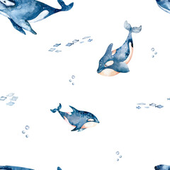 Watercolor whales seamless pattern . Hand drawn cute illustration with whales. Perfect for wrapping paper, wallpapers,prints and textile.