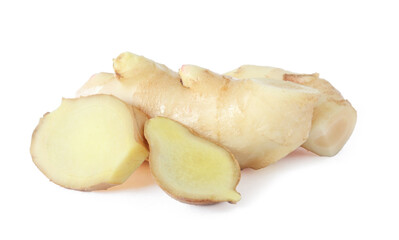 sliced fresh ginger isolated on white background