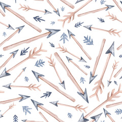 Seamless pattern of colored feathers and romantic arrows painted with watercolors on a white background