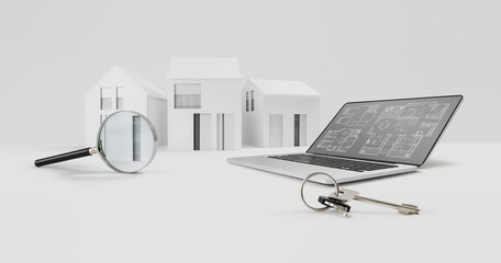 magnifying glass on architectural model of houses with computer laptop and keys, banner layout for...