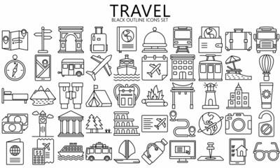 Tour and travel outline icon set. Contains such Icons as World Map, Connections, Global Business. Used for modern concepts, web, UI, UX kit and applications. vector EPS 10 ready to convert to SVG.
