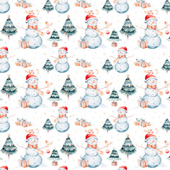 Watercolor Merry Christmas seamless pattern with snowman, christmas tree , snowman, holiday cute animals bunny rabbit, rabbit and baby deer . Christmas celebration cards. Winter new year