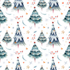 Aquarel Merry Christmas naadloze patroon met sneeuwpop, kerstboom, sneeuwpop, vakantie schattige dieren konijn, konijn en baby herten. Kaarten voor kerstviering. Winternieuw jaar