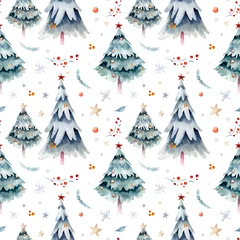 Wallpaper murals Christmas motifs Watercolor Merry Christmas seamless pattern with snowman, christmas tree , snowman, holiday cute animals bunny rabbit, rabbit and baby deer . Christmas celebration cards. Winter new year