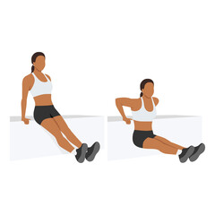 Naklejka premium Woman doing tricep dips exercise. Flat vector illustration isolated on white background