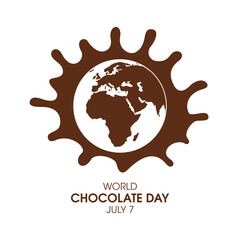 World Chocolate Day vector. Milk chocolate splash and world map icon vector isolated on a white background. Chocolate Day Poster, July 7. Important day