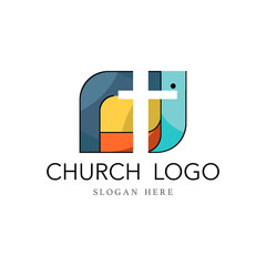Church logo with cross design vector illustration isolated on white background. Modern logo template for christian church of charity. Christianity symbol of Jesus Christ. The cross of Jesus line art. 