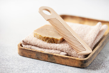 Aromatic Natural Soap. Different Handmade soap bars  on table. No plastic concept