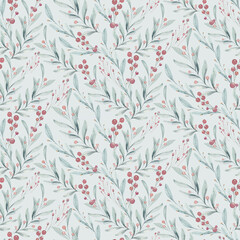 Watercolor christmas elements seamless pattern. Watercolor hand drawn christmas illustration. New Year winter holiday drawing.