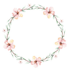 Obraz na płótnie Canvas Watercolor floral frame wreath with gold orchid, cherry blossom, cotton head, palm leaves, beige and rose color, white, pink, vivid flowers, green leaves, for wedding greeting card. fashion background