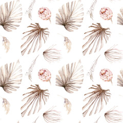 Watercolor protea seamless pattern with rose, leaves, branches, pampas ans dried palm leaves and flowers. Hand drawing Bohemian gold pink pattern prorea.