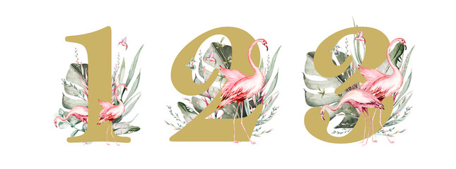 Tropical watercolor birds hummingbird, monkey and jaguar, exotic jungle plants palm banana leaves flowers, flamingo pastel color seamless fabric background