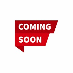 Coming soon label icon. Red sticker now open for promotion, sale, commerce poster. Flat baner with coming soon text. Design wrapping sticky tag for retail, advertising. vector isolated background