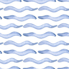 Seamless pattern blue watercolor waves background. Modern trendy hipster paintbrush line background. brush strokes. Template for prints, wrapping paper, fabrics, covers, flyers, banners,