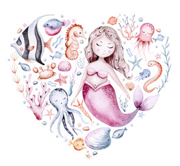 sea animals composition. Blue watercolor ocean fish, turtle, whale and coral. Shell aquarium mermaid submarine. Nautical dolphin marine illustration, jellyfish, starfish