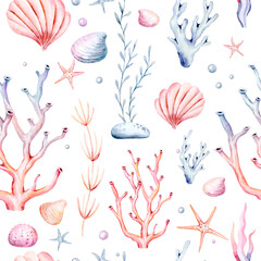 Watercolor seaweeds seamless pattern. Sea underwater plants, ocean coral reef and aquatic kelp, hand drawn marine flora background. hand drawn seaweed cartoon sketch aquarium