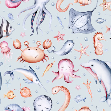 seamless pattern of sea cartoon animals. Blue watercolor ocean fish, turtle, whale and coral. Shell aquarium dolphin, crab octopus Nautical marine illustration, jellyfish, starfish