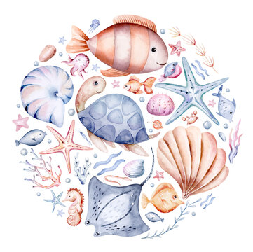 sea animals composition. Blue watercolor ocean fish, turtle, whale and coral. Shell aquarium mermaid submarine. Nautical dolphin marine illustration, jellyfish, starfish