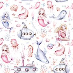 Watercolor sea seamless pattern with snorkeling mermaids, corals, seahorse and dolphin. backgroud for children's room design and textiles submarine whale, unicorn-fish, fish and jellyfish. © kris_art