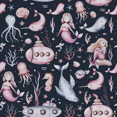 Watercolor sea seamless pattern with snorkeling mermaids, corals, seahorse and dolphin. backgroud for children's room design and textiles submarine whale, unicorn-fish, fish and jellyfish. © kris_art