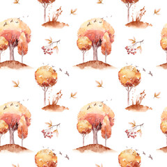 Pattern of watercolor autumn leaves: oak, maple, birch, rowan, ash. Golden fall trees landscape. Yellow leaf background