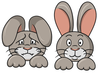 Fototapeta premium A set of cute little rabbits, a cartoon-style rabbit smiling and sad